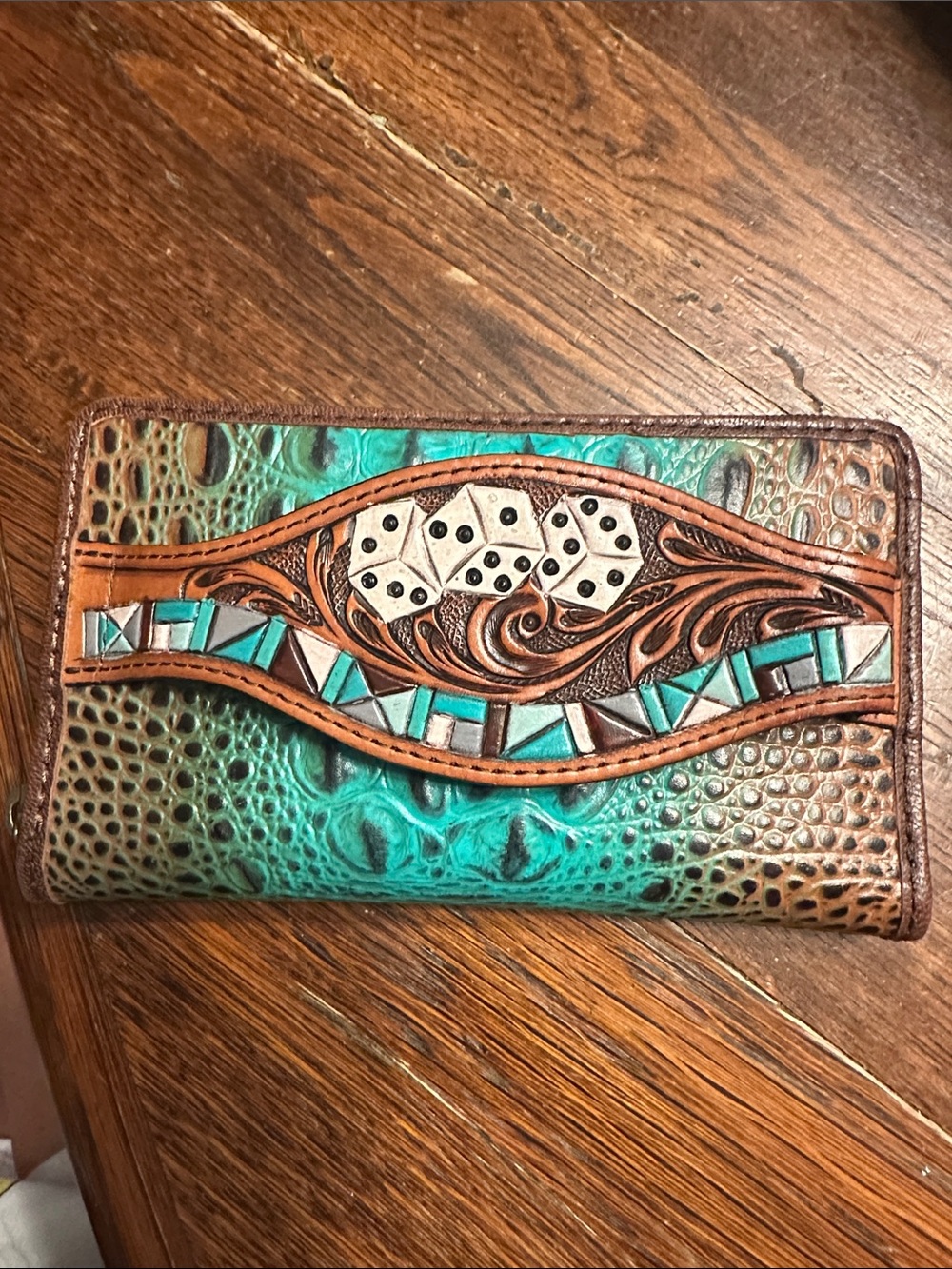 American Darling Turquoise and Brown Embossed Leather Wristlet Wallet